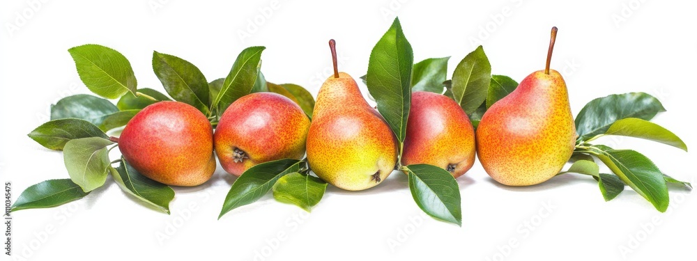 A bunch of ripe pears with leaves, isolated white background, minimalism art style A bunch of ripe pears with leaves, isolated white background, minimalism art style