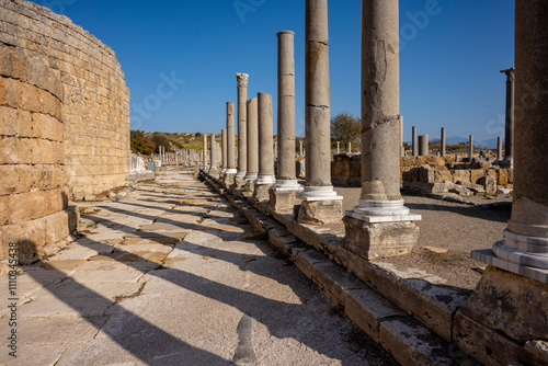 Rows of columns in Perge, Antalya, Turkey. Remains of colonnaded street in Pamphylian ancient city.Rows of columns in Perge, Antalya, Turkey. Ancient Kestros Fountain. Aksu, Antalya photo