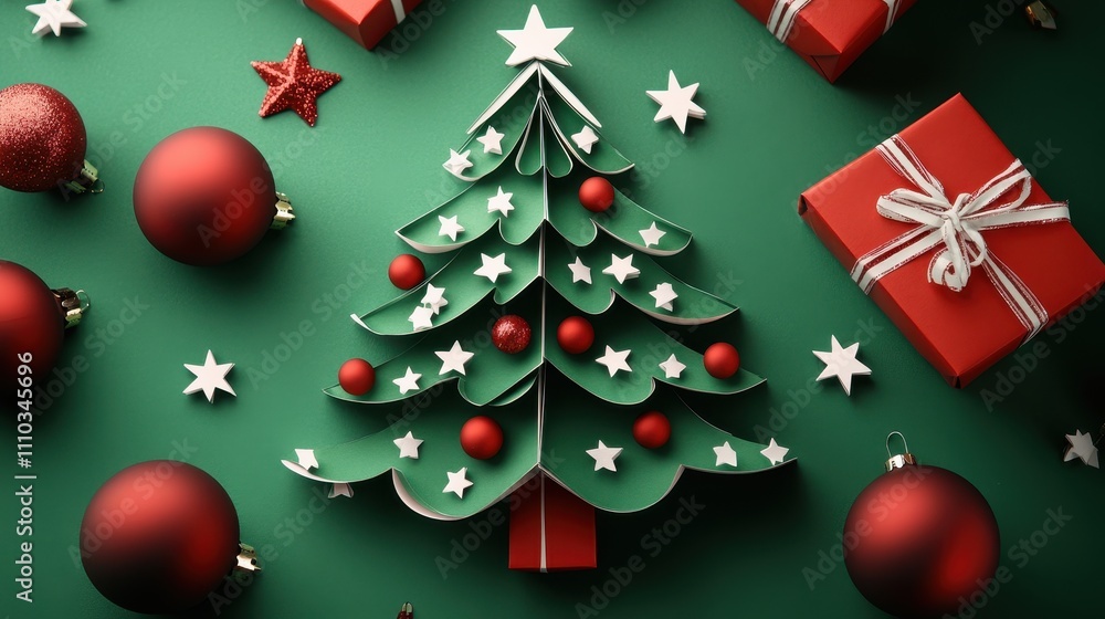 Naklejka premium Festive Christmas Paper Craft Tree with Red Ornaments and Gifts on Green Background