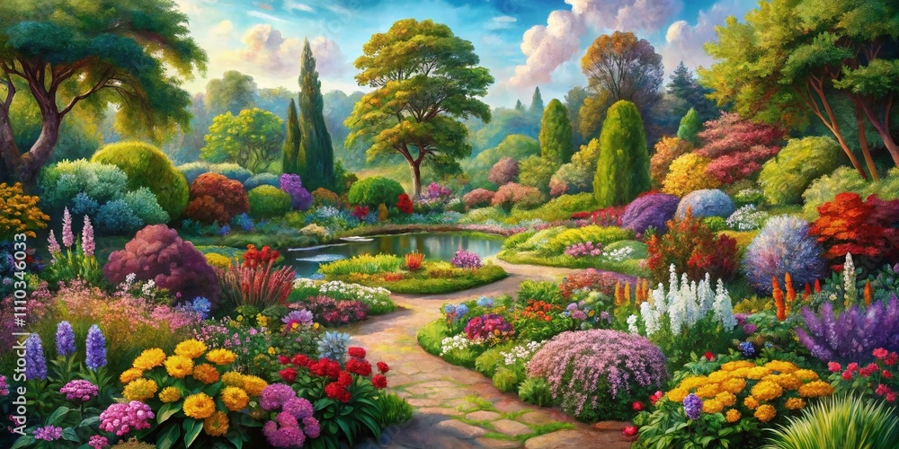 Fototapeta premium Lush Oil Painting of a Botanical Garden in High Depth of Field, Capturing Vibrant Flora, Serene Nature, and Artistic Expression in a Tranquil Outdoor Setting