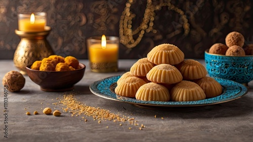 Assorted semolina maamoul or mamoul cookies , awameh or lokma with dallah and ramadan decor crescent moon. Traditional arabic Eid al Adha, Eid al Fitr , Ramadan sweets photo