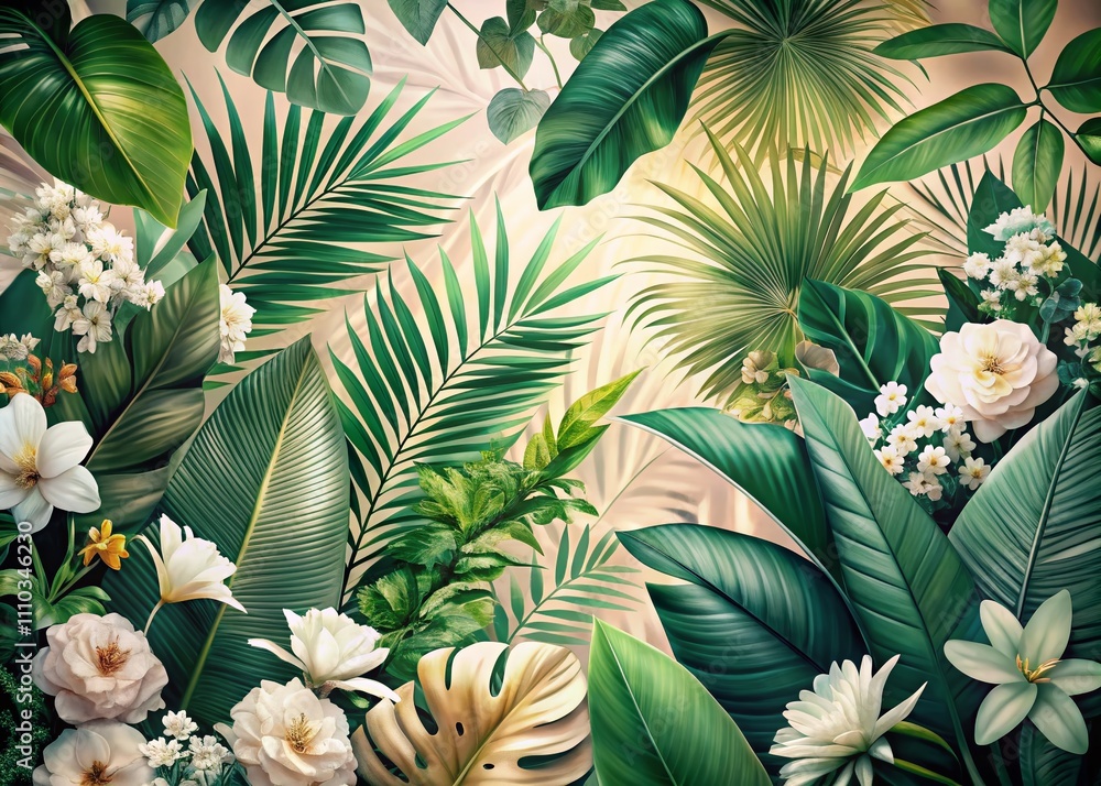 Obraz premium Lush Tropical Foliage Double Exposure Abstract Background with Neutral Green, White, and Beige Botanical Elements for Modern Minimalist Design