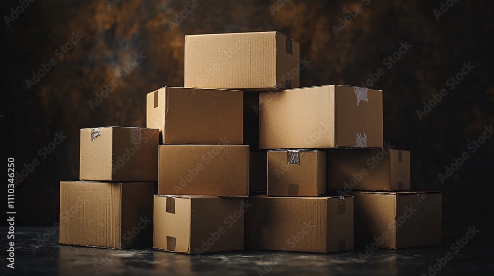 Stack of cardboard boxes mock-up with soft lighting on a dark background Stack of cardboard boxes mock-up with soft lighting on a dark background