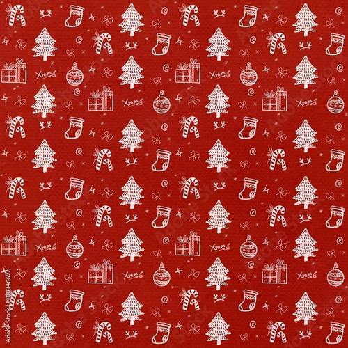 Christmas seamless pattern background with snowflakes, Christmas tree and Christmas decorations.