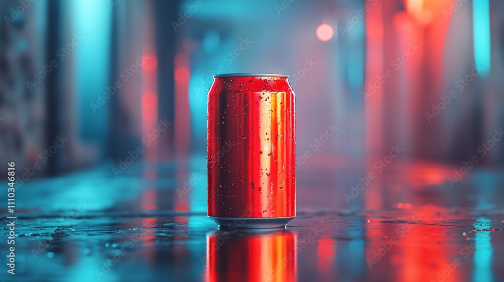 Beverage can mock-up placed on matte black surface with vibrant lighting effects Beverage can mock-up placed on matte black surface with vibrant lighting effects