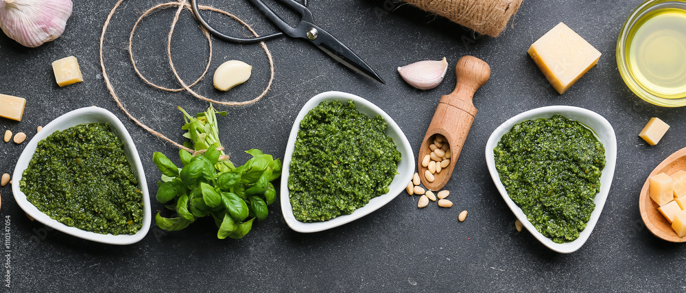 Bowls of tasty pesto sauce and ingredients on dark background Bowls of tasty pesto sauce and ingredients on dark background