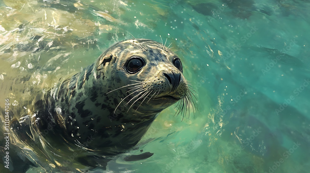 Fototapeta premium Harbor Seal Emerging From Emerald Green Water