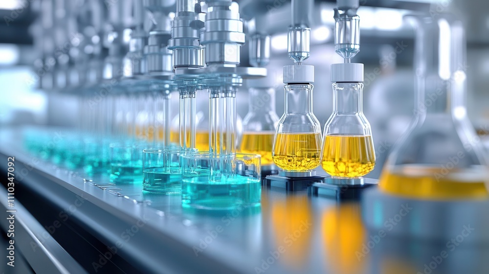 A laboratory setup featuring various glass flasks with colorful liquids, showcasing a clean and modern environment for experimentation or production. A laboratory setup featuring various glass flasks with colorful liquids, showcasing a clean and modern environment for experimentation or production.
