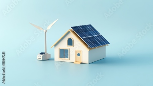 Wallpaper Mural A small model house featuring solar panels and a wind turbine, symbolizing renewable energy and sustainable living. Torontodigital.ca
