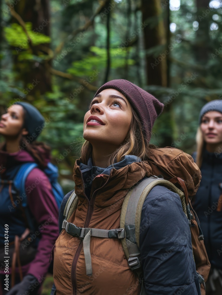 Group of diverse young female friends in outdoor gear looking up and admiring nature while out hiking in a forest. Group of diverse young female friends in outdoor gear looking up and admiring nature while out hiking in a forest.