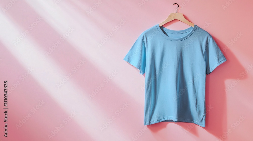 Soft pink background showcasing a baby blue t-shirt mock-up for creative designs Soft pink background showcasing a baby blue t-shirt mock-up for creative designs