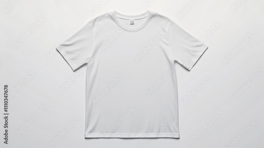Plain white t-shirt mockup displayed flat on a light background for design purposes Plain white t-shirt mockup displayed flat on a light background for design purposes