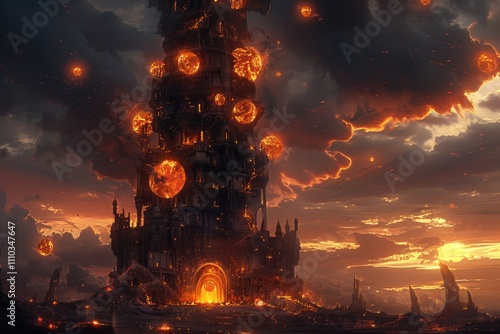 Fiery Celestial Tower Embraces Burning Sunscape photo