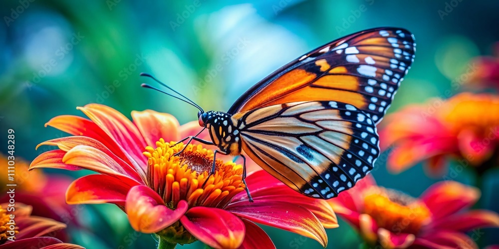 Fototapeta premium Macro Photography of a Vibrant Butterfly on a Flower Petal Showcasing Intricate Details and Colorful Patterns in Nature's Splendor for Nature Enthusiasts and Photographers