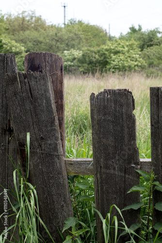 A fence made of roughly processed boards. A palisade of rough logs. Sun rays, sunny day