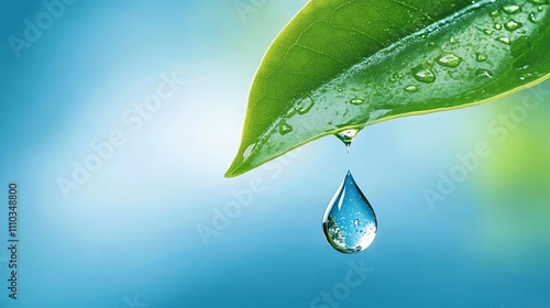 A single water droplet falls from a green leaf