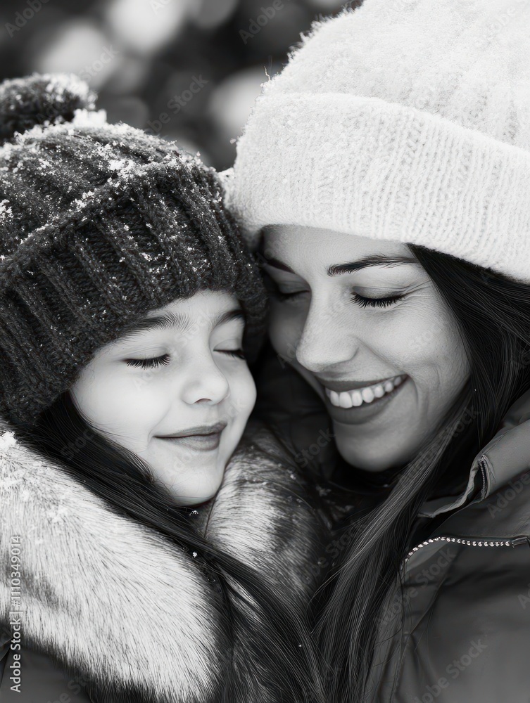 Happy latin mother and daughter having fun during winter time outdoor - Love and family concept - Black and white editing - Focus on mom face Happy latin mother and daughter having fun during winter time outdoor - Love and family concept - Black and white editing - Focus on mom face