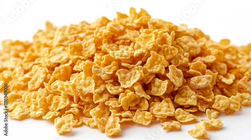 Mountain of cornflakes on a white background close-up