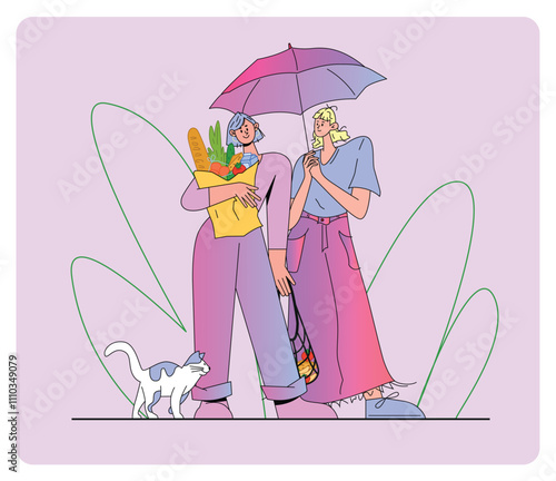 Flat Vector Illustration of two Female Characters walking with Groceries and Umbrella. One character holding groceries, another carrying a net bag. Casual Clothing, Positive Emotions. Isolated Design