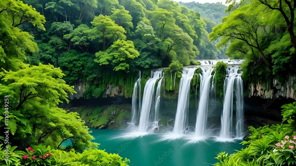 Naklejka premium Stunning scenery with waterfalls flowing into a calm river, surrounded by trees and flowers, creates a tropical atmosphere enhanced by mist.