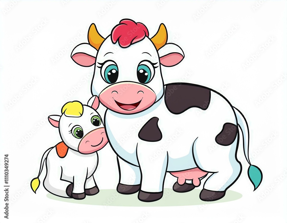 Cow with her calf, isolated on white background, cutout Cow with her calf, isolated on white background, cutout