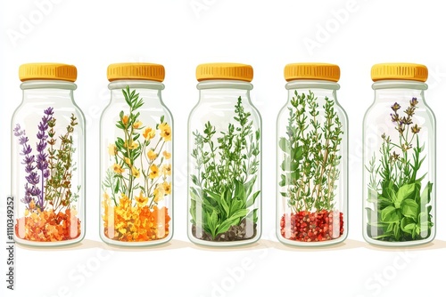 Colorful Jars of Herbs and Spices on a White Background photo