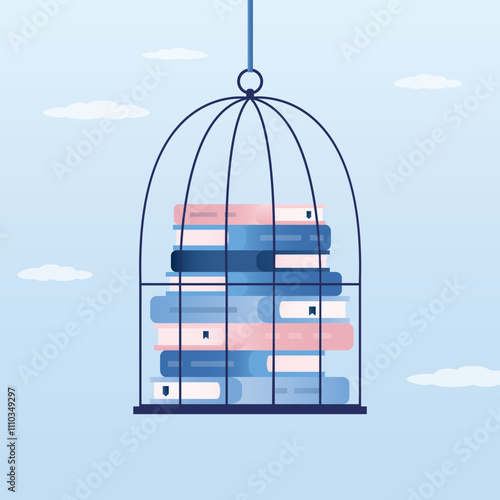 Learning control. A stack of books trapped in a birdcage. Expensive education cost concept. Inaccessible knowledge, expensive loan for education.