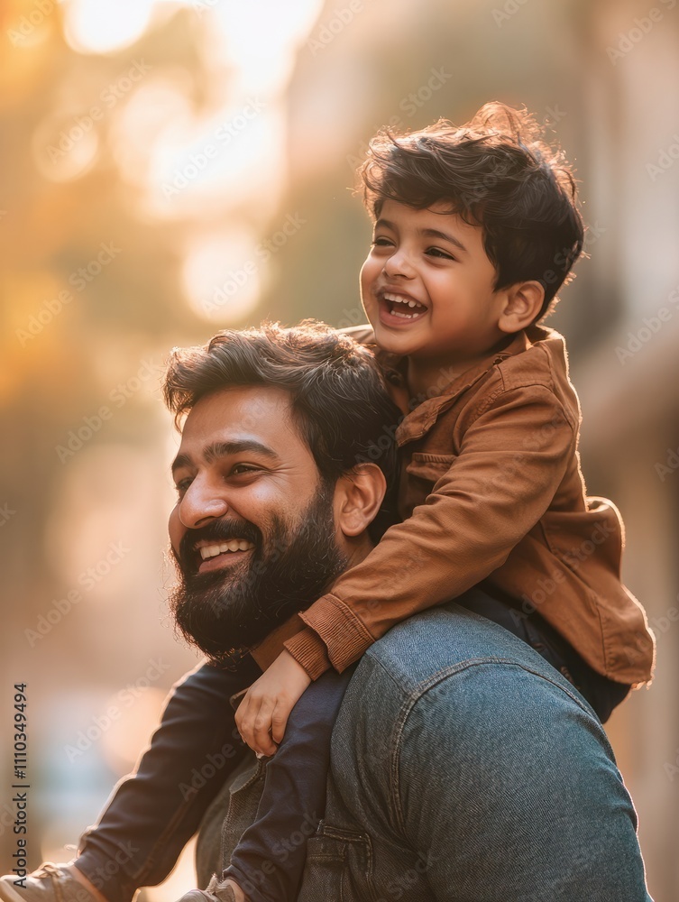 Happy middle eastern child enjoying ride on father back outdoor. Smiling dad giving piggyback ride to son on street while looking away with copy space. Indian cheerful man carrying on shoulder kid. Happy middle eastern child enjoying ride on father back outdoor. Smiling dad giving piggyback ride to son on street while looking away with copy space. Indian cheerful man carrying on shoulder kid.