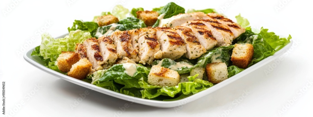 A classic Caesar salad with grilled chicken and croutons, isolated white background, cubism art style A classic Caesar salad with grilled chicken and croutons, isolated white background, cubism art style