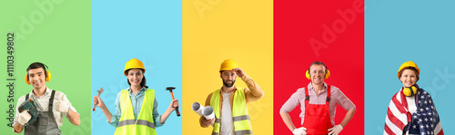 Set of workers on color bac...