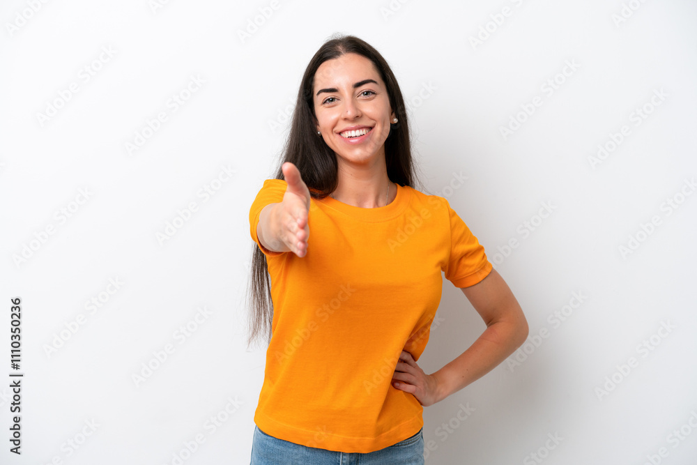 Young caucasian woman isolated on white background shaking hands for closing a good deal Young caucasian woman isolated on white background shaking hands for closing a good deal