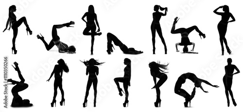 Many silhouettes of sexy female dancer in high heels on white background