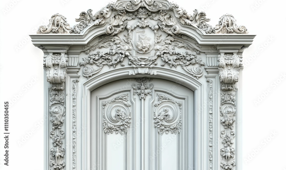 Ornate white door, elaborate carvings, classical style. Ornate white door, elaborate carvings, classical style.