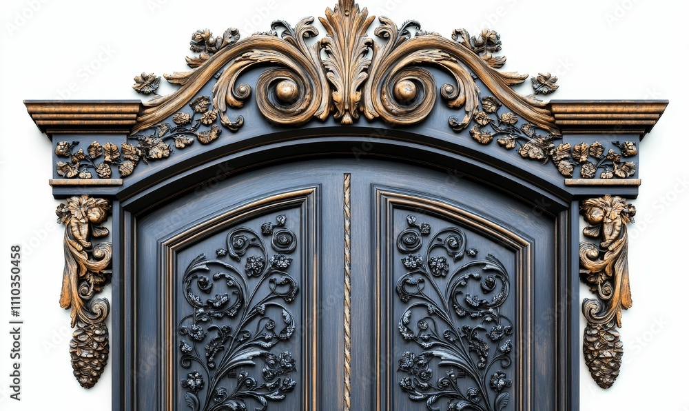Ornate double door, carved wood, gold accents. Ornate double door, carved wood, gold accents.