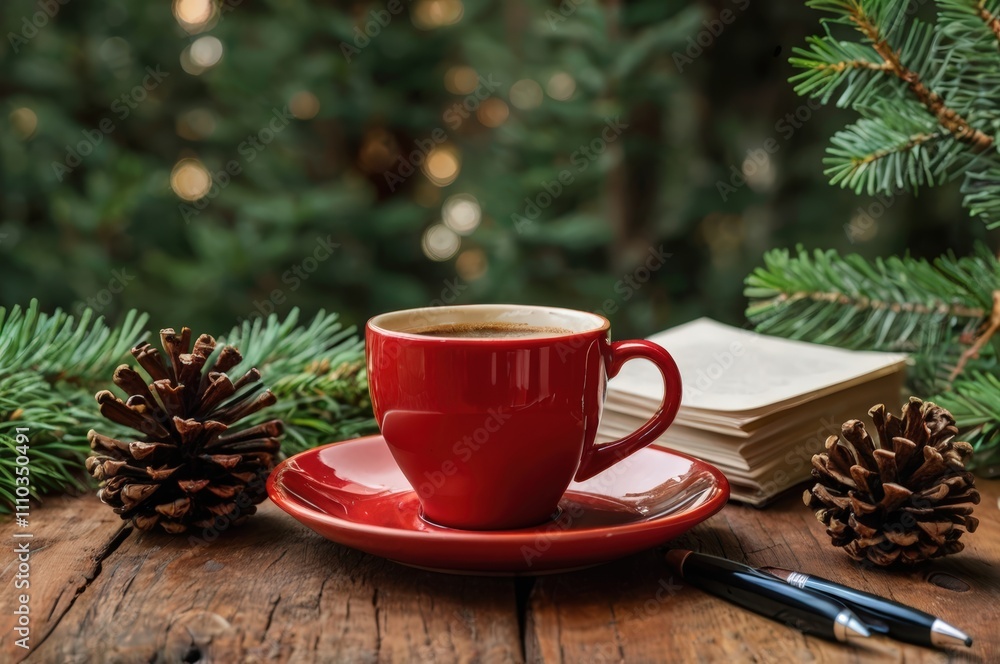 Red coffee cup on a table with a pen and paper, pine cone, and greenery in the background. Cozy, warm, and creative ambiance in a rustic style Red coffee cup on a table with a pen and paper, pine cone, and greenery in the background. Cozy, warm, and creative ambiance in a rustic style