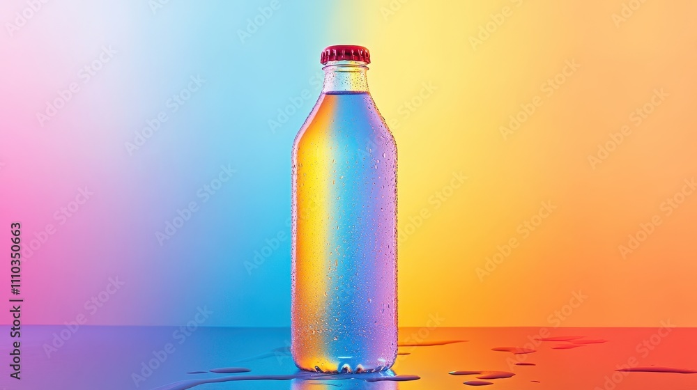 Refreshing Glass Bottle of Sparkling Water Against Vibrant Gradient Background, Summer Drink Concept, Studio Photography, Colorful Beverage, Icy Cold Drink, Trendy Aesthetic Refreshing Glass Bottle of Sparkling Water Against Vibrant Gradient Background, Summer Drink Concept, Studio Photography, Colorful Beverage, Icy Cold Drink, Trendy Aesthetic