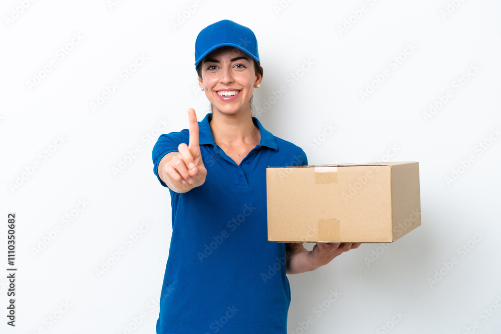 Delivery caucasian woman isolated on white background showing and lifting a finger Delivery caucasian woman isolated on white background showing and lifting a finger