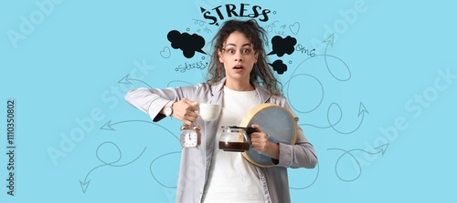Stressed hurrying African-American woman in pajamas holding clocks and coffee on light blue background