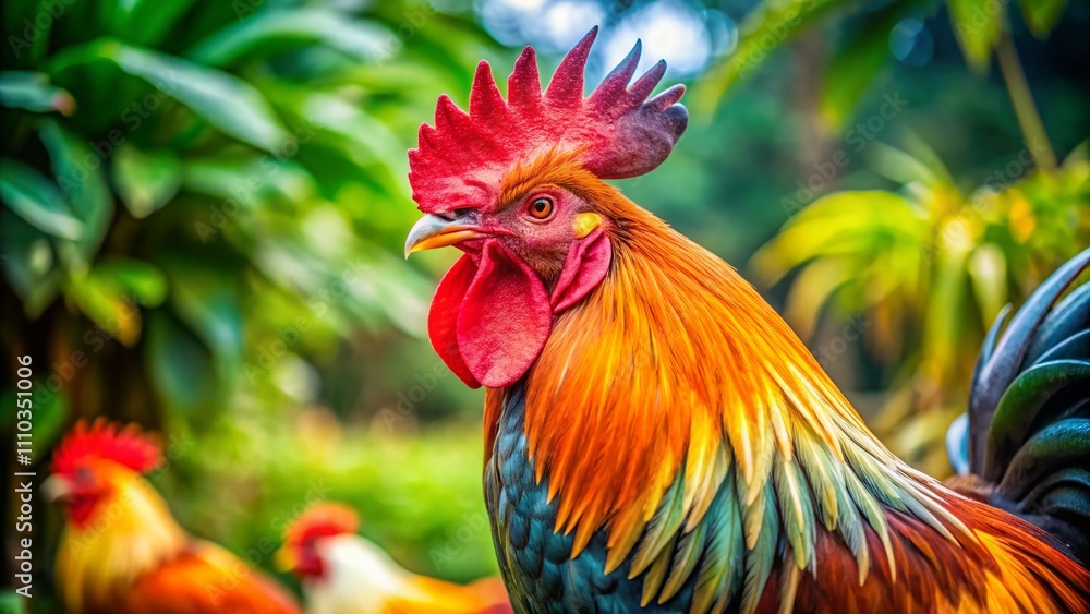Majestic Rooster Displaying Vibrant Feathers in a Lush Farm Environment with High Depth of Field, Capturing the Essence of Traditional Cockfighting Culture and Heritage Majestic Rooster Displaying Vibrant Feathers in a Lush Farm Environment with High Depth of Field, Capturing the Essence of Traditional Cockfighting Culture and Heritage