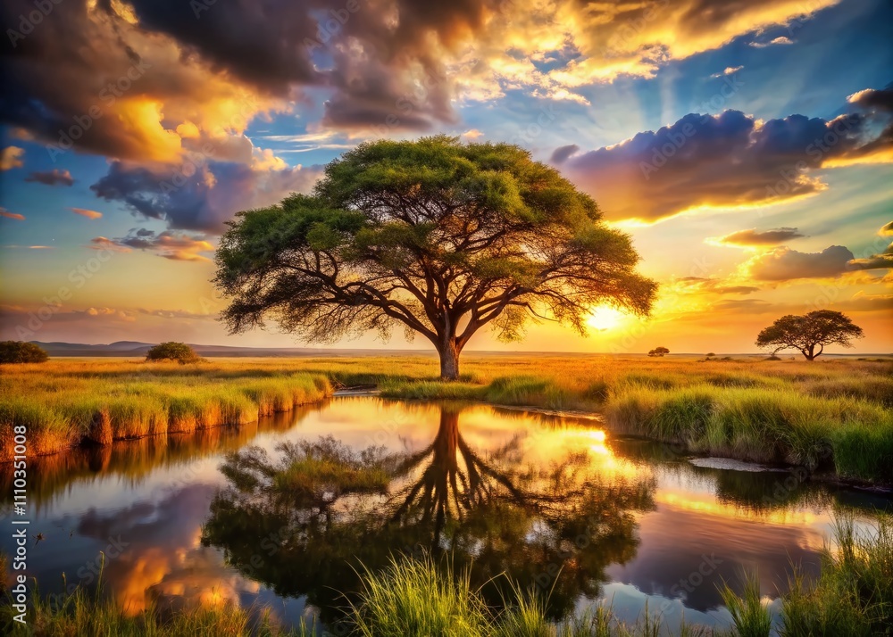 Majestic Savannah Landscape with a Grand Tree Overlooking a Serene River Under a Vibrant Sky, Capturing the Essence of Nature's Beauty in the Heart of the African Savannah Majestic Savannah Landscape with a Grand Tree Overlooking a Serene River Under a Vibrant Sky, Capturing the Essence of Nature's Beauty in the Heart of the African Savannah