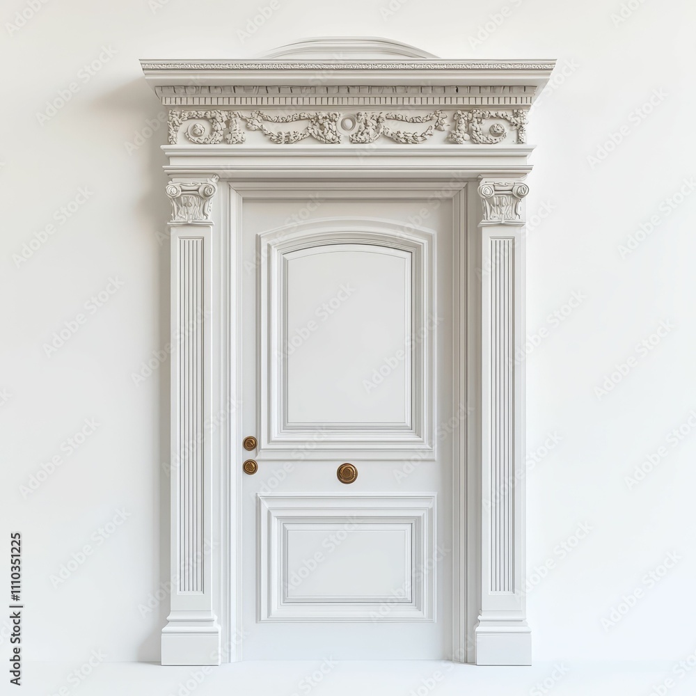 Ornate white door, classical columns, detailed trim. Ornate white door, classical columns, detailed trim.