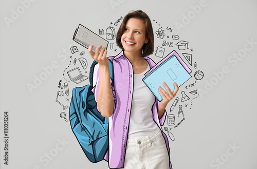 Female student in drawn clothes, with backpack and stationery on grey background photo