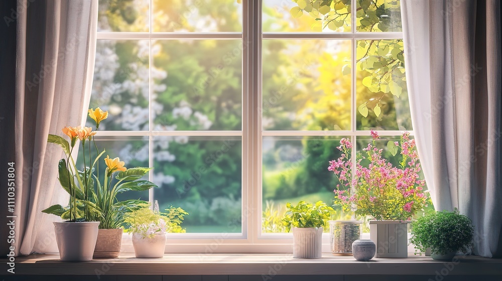 Fototapeta premium Bright Window View with Flourishing Plants and Natural Light Bliss