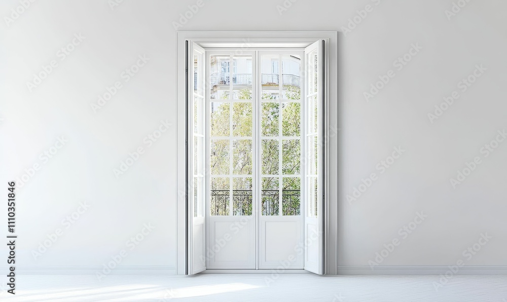 Fototapeta premium White door, open, reveals green trees, balcony view.