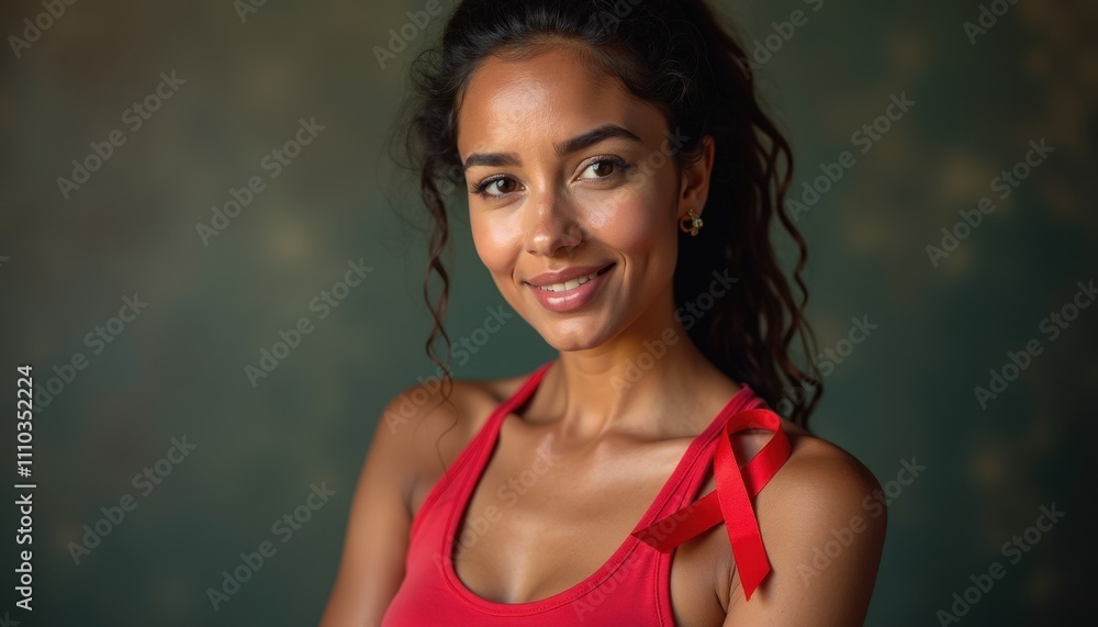 Portrait of a Strong Woman with Red Ribbon on Her Shoulder Symbolizing the Power of HIV Awareness and the Strength of Those Affected by the Disease. Portrait of a Strong Woman with Red Ribbon on Her Shoulder Symbolizing the Power of HIV Awareness and the Strength of Those Affected by the Disease.