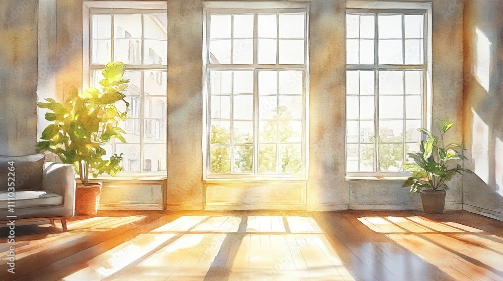 Fototapeta premium Serene Sunlit Room with Large Windows and Lush Green Plants