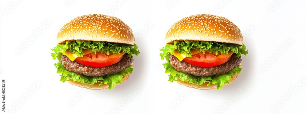 A classic double cheeseburger with lettuce and tomato, isolated white background, surrealism art style A classic double cheeseburger with lettuce and tomato, isolated white background, surrealism art style