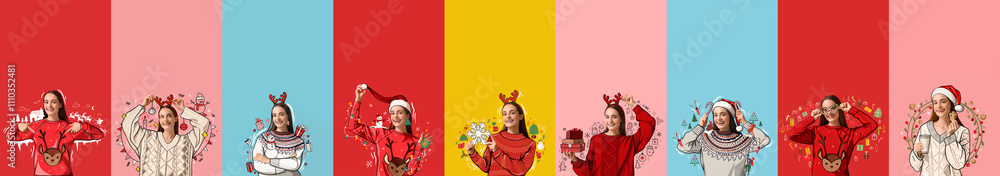 Set of young woman in drawn Christmas sweaters on color background Set of young woman in drawn Christmas sweaters on color background