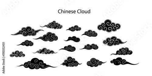 Chinese style clouds. Set of abstract black clouds isolated on white background