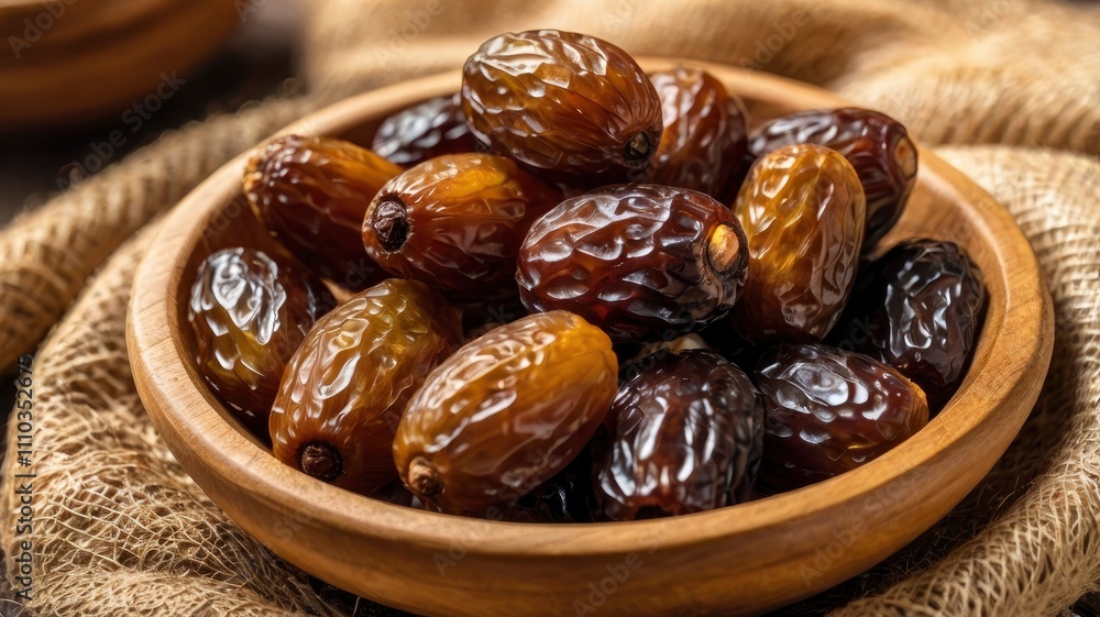 Closeup delicious Kurma Tunisia or sweet dried date palm fruits on wooden bowl. Much sought after during Ramadan to break the fast.